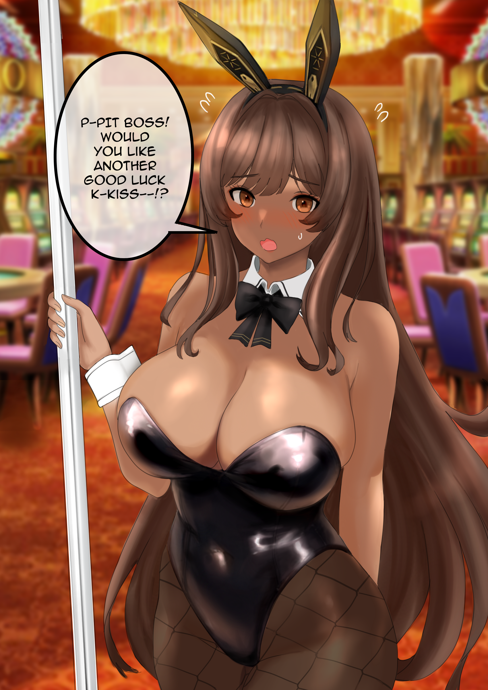 raskasar, noir (nikke), goddess of victory: nikke, absurdres, commentary, english commentary, highres, 1girl, animal ear hairband, animal ears, black bow, black bowtie, black leotard, blurry, blurry background, bow, bowtie, breasts, brown eyes, brown hair, casino, cleavage, dark-skinned female, dark skin, detached collar, english text, fake animal ears, fishnet pantyhose, fishnets, flying sweatdrops, hairband, highleg, highleg leotard, holding, holding pole, huge breasts, leotard, long hair, pantyhose, playboy bunny, pole, rabbit ear hairband, rabbit ears, solo, strapless, strapless leotard, sweatdrop, very long hair, white wrist cuffs, wrist cuffs