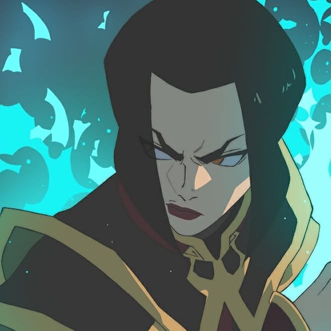 pontyk blya, azula, avatar: the last airbender, avatar legends, non-web source, 1girl, black hair, blue fire, brown eyes, closed mouth, fire, frown, lipstick, looking to the side, makeup, portrait, red lips, serious, short hair, solo, upper body