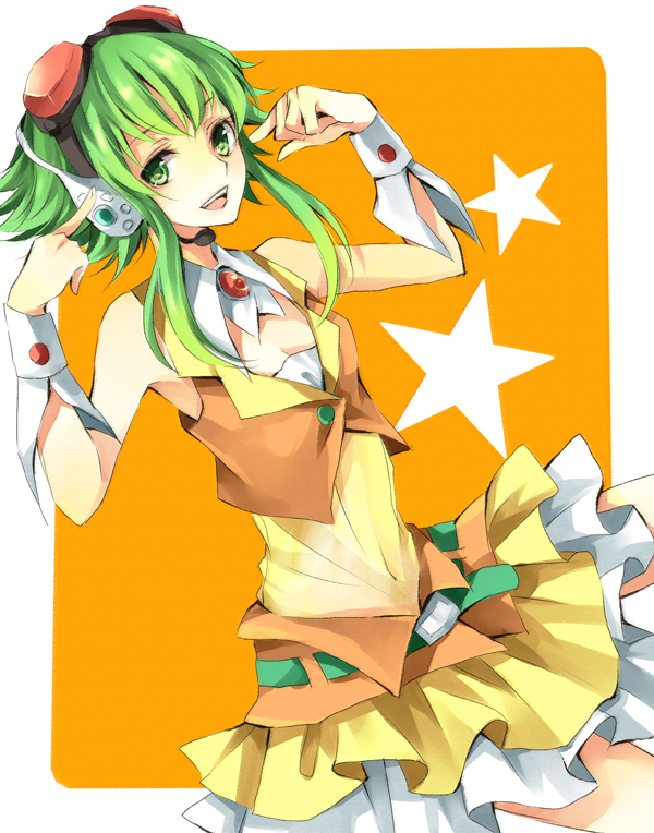 karu, yuzuki karu, gumi, vocaloid, bad id, bad pixiv id, 1girl, bare shoulders, belt, cropped legs, cuffs, female focus, goggles, green eyes, green hair, hands up, headphones, long sidelocks, looking at viewer, matching hair/eyes, microphone, open mouth, sidelocks, skirt, sleeveless, smile, solo, wrist cuffs