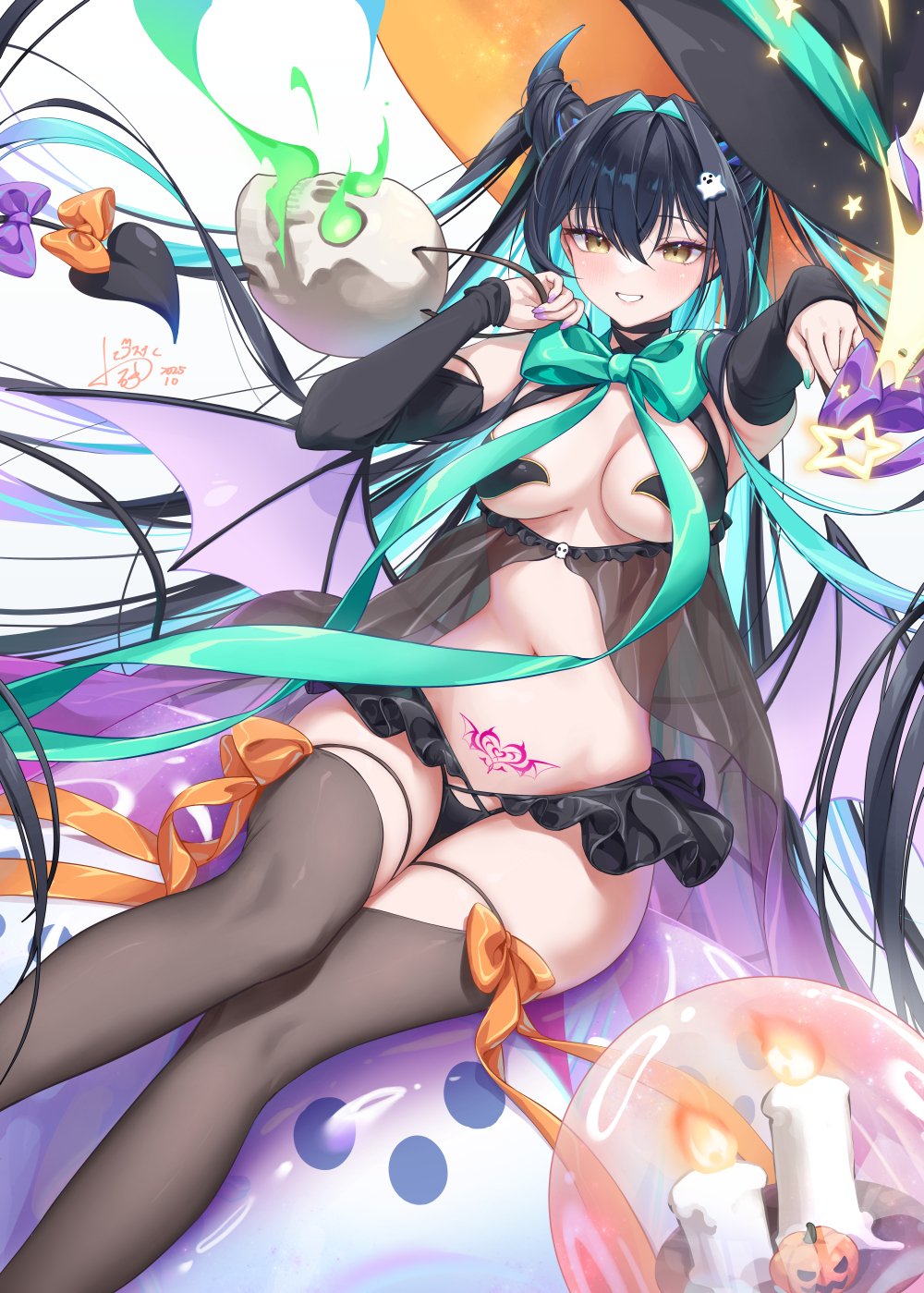 aeon ion, little mermaid (nikke), goddess of victory: nikke, highres, 1girl, aqua hair, bare shoulders, black hair, breasts, bubble, cleavage, colored inner hair, demon girl, demon horns, demon tail, demon wings, hair intakes, halloween, hat, horns, long hair, looking at viewer, low wings, medium breasts, multicolored hair, skull, smile, tail, thighhighs, twintails, very long hair, wings, witch hat, yellow eyes