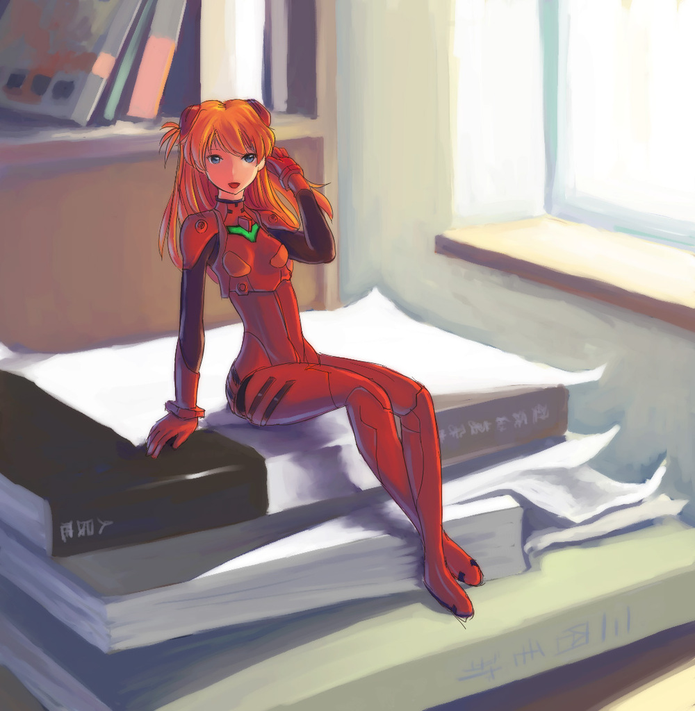 souryuu asuka langley, neon genesis evangelion, blue eyes, book, mecha pilot suit, mini person, minigirl, open mouth, orange hair, plugsuit (evangelion), smile