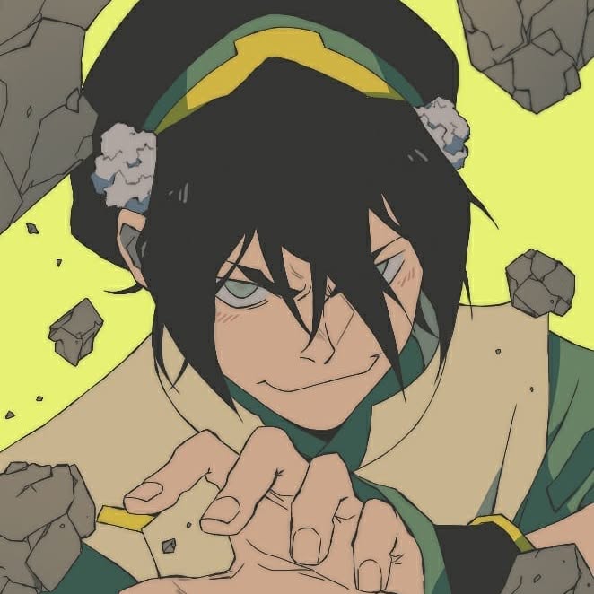 pontyk blya, toph beifong, avatar: the last airbender, avatar legends, non-web source, 1boy, black hair, blind, closed mouth, green eyes, hair between eyes, hat, looking at viewer, male focus, rock, short hair, smile, solo, upper body, wristband, yellow background