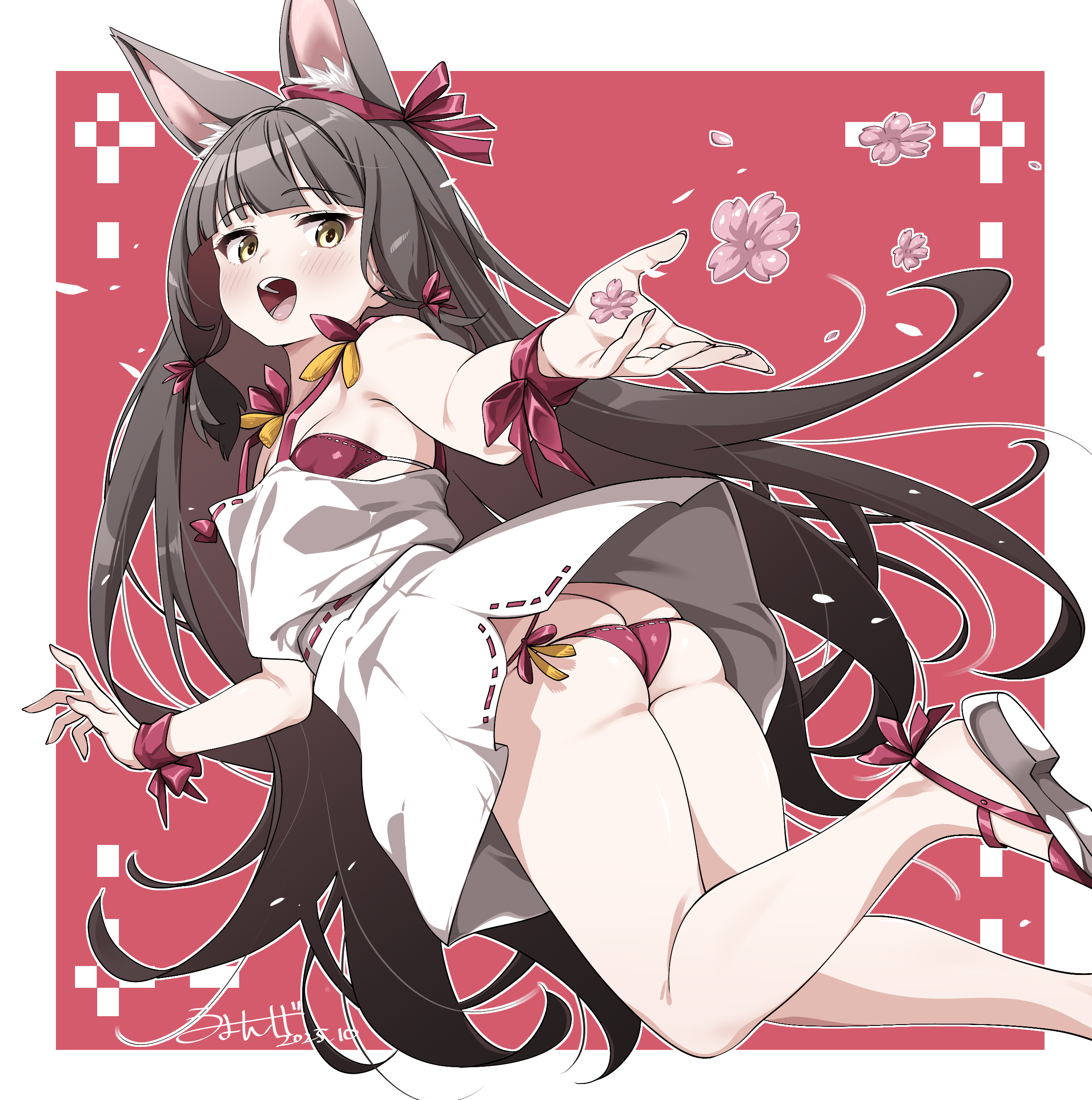 umyonge (lkakeu), nagato (azur lane), azur lane, absurdres, highres, 1girl, animal ear fluff, animal ears, ass, bra, breasts, brown eyes, brown hair, butt crack, cherry blossoms, dress, flower, fox ears, fox girl, from behind, kneepits, leg up, legs, long hair, looking back, lowleg, lowleg panties, open mouth, outstretched arm, outstretched hand, panties, petals, red bra, red panties, red ribbon, ribbon, sandals, side-tie panties, small breasts, smile, solo, sundress, thighs, underwear, very long hair, white dress, wind, wind lift, wrist ribbon