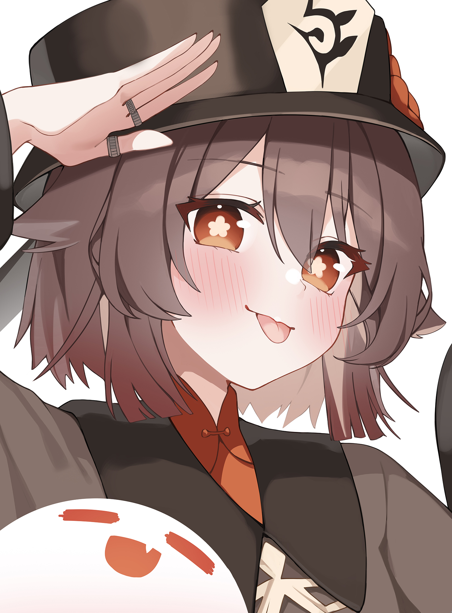 gya (144), boo tao (genshin impact), hu tao (genshin impact), genshin impact, commentary request, highres, 1girl, alternate hair length, alternate hairstyle, blush, brown hair, flower-shaped pupils, hair between eyes, hat, looking at viewer, medium hair, red eyes, short hair, smile, symbol-shaped pupils, tongue, tongue out