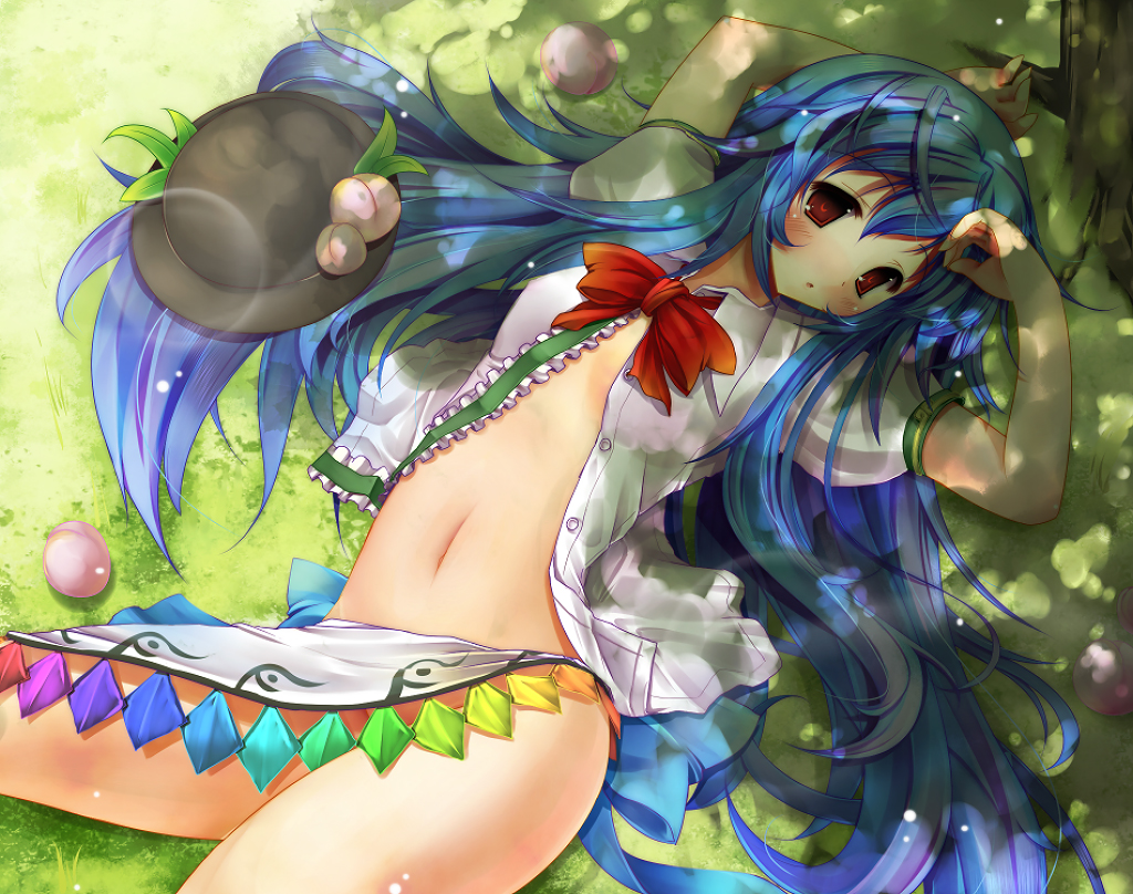 scarlet (studioscr), hinanawi tenshi, touhou, bad id, bad pixiv id, 1girl, blue hair, blush, bow, breasts, censored, convenient censoring, dappled sunlight, female focus, flat chest, food, fruit, grass, hat, long hair, looking at viewer, lying, navel, no panties, on back, open clothes, open shirt, outdoors, peach, red eyes, shade, shirt, small breasts, solo, sunlight, tree, tree shade, under tree, unworn hat, unworn headwear, very long hair