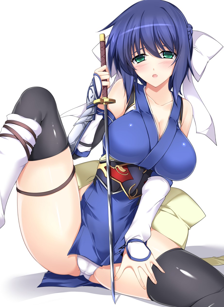 kaguyama azami, shiden enkan no kizuna, highres, non-web source, blue hair, holding, holding weapon, panties, underwear, weapon