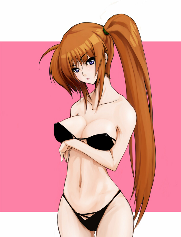 xunipo, takamachi nanoha, lyrical nanoha, mahou shoujo lyrical nanoha, mahou shoujo lyrical nanoha strikers, 00s, bikini, black bikini, long hair, red hair, solo, swimsuit