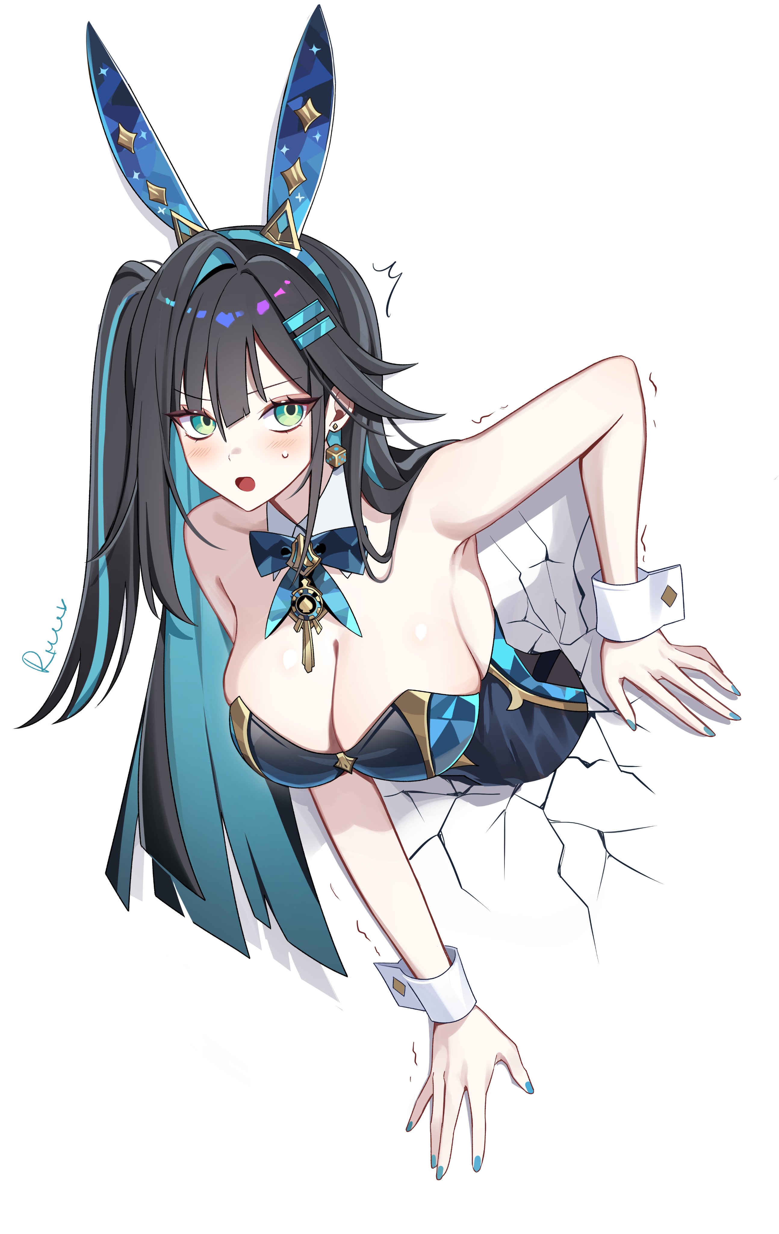 tianqing mw, abigail (black survival), black survival, eternal return: black survival, absurdres, highres, korean commentary, mixed-language commentary, 1girl, abigail (poker face) (black survival), animal ears, armpits, bare shoulders, bent over, black hair, blue leotard, blue nails, bow, bowtie, breasts, cleavage, detached collar, fake animal ears, green eyes, large breasts, leotard, long hair, looking at viewer, multicolored hair, nail polish, official alternate costume, one side up, open mouth, playboy bunny, rabbit ears, simple background, solo, strapless, strapless leotard, streaked hair, through wall, two-tone hair, v-shaped eyebrows, very long hair, white background, wrist cuffs