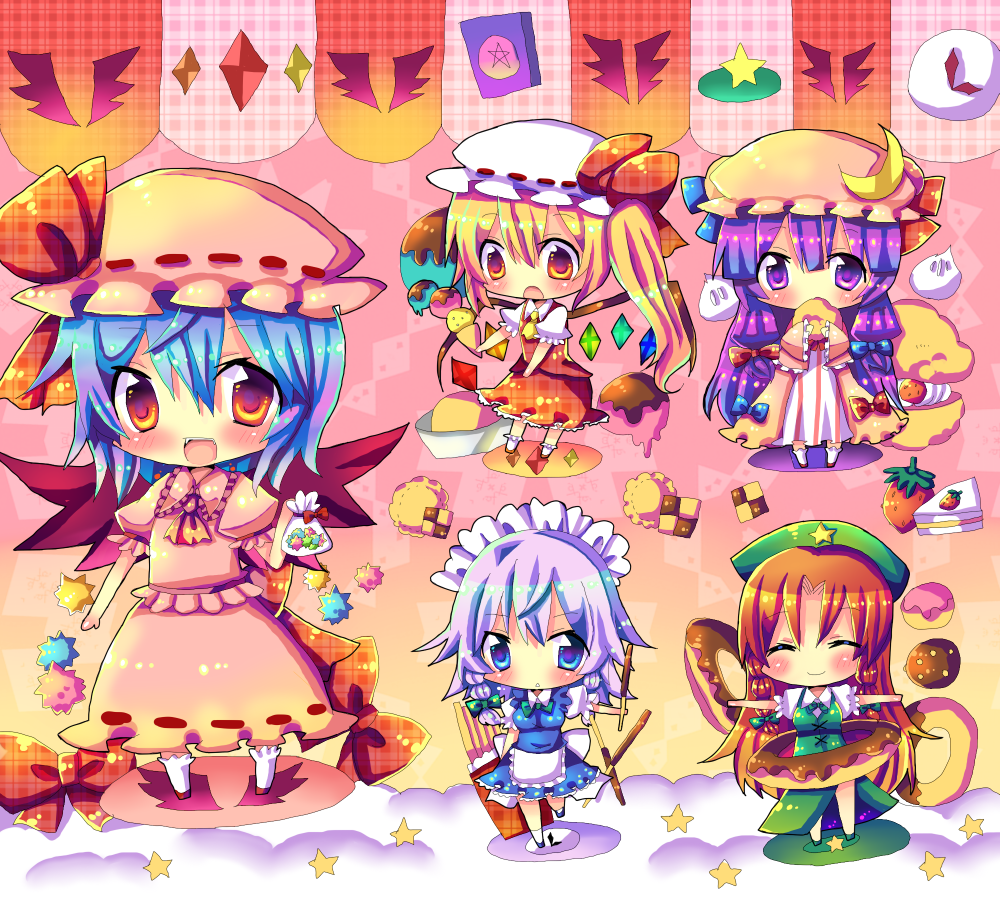 chocolat (momoiro piano), hinahina, flandre scarlet, hong meiling, izayoi sakuya, patchouli knowledge, remilia scarlet, embodiment of scarlet devil, touhou, bad id, bad pixiv id, 5girls, candy, checkerboard cookie, chibi, closed eyes, cookie, cream puff, donut, female focus, food, hat, ice cream, konpeitou, mob cap, multiple girls, open mouth, pocky, smile, star (symbol)