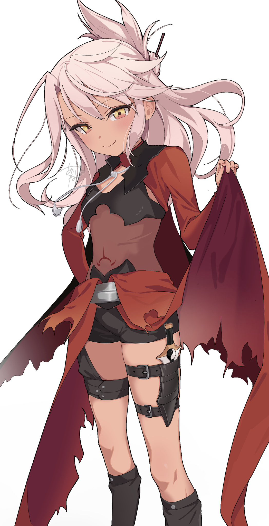 akaneko016, chloe von einzbern, chloe von einzbern (archer install), fate/kaleid liner prisma illya, fate (series), highres, 1girl, black panties, blush, boots, breasts, bridal gauntlets, cape, dagger, dark-skinned female, dark skin, hair bun, hair ornament, hairpin, half updo, knee boots, knife, long hair, long sleeves, looking at viewer, navel, orange eyes, panties, pink hair, red cape, red shrug, showgirl skirt, shrug (clothing), sidelocks, small breasts, smile, solo, stomach tattoo, tattoo, thighs, underwear, weapon