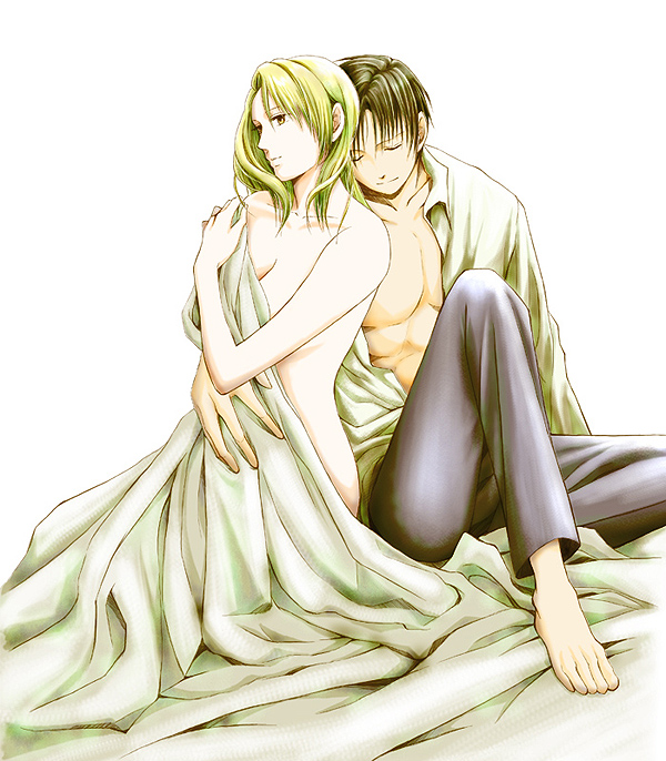 281 (yo), riza hawkeye, roy mustang, fullmetal alchemist, bad id, bad pixiv id, 00s, 1boy, 1girl, afterglow, artistic error, barefoot, bed sheet, black hair, blonde hair, clothed male nude female, couple, hair down, hetero, long hair, naked sheet, nude, quality, wrapped in sheets
