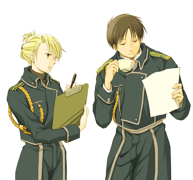 281 (yo), riza hawkeye, roy mustang, fullmetal alchemist, bad id, bad pixiv id, 00s, 1boy, 1girl, aiguillette, black hair, blonde hair, clipboard, cup, folded ponytail, military, military uniform, paper, pen