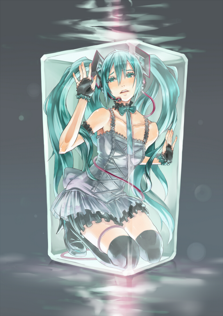 nidy, hatsune miku, mizubako (vocaloid), vocaloid, 1girl, against glass, aqua eyes, aqua hair, bare shoulders, black thighhighs, blue hair, box, breasts, choker, collarbone, colored eyelashes, cross-laced clothes, dress, female focus, fingerless gloves, frilled gloves, frills, gloves, goth fashion, headset, high heels, in box, in container, long hair, ribbon, small breasts, solo, thighhighs, twintails, underwater, very long hair