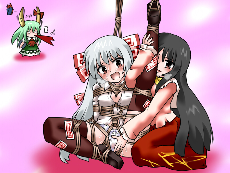lilish, ex-keine, fujiwara no mokou, houraisan kaguya, kamishirasawa keine, touhou, silver hair, 3girls, bdsm, black hair, blood, blush, bondage, bottomless, bound, bow, breath, chibi, female focus, fingering, green hair, hair bow, hair ribbon, hat, horns, long hair, multiple girls, no pants, nosebleed, panties, pussy juice, red eyes, ribbon, rope, shibari, shibari over clothes, tears, thighhighs, underwear, wet, wet clothes, wet panties, yuri