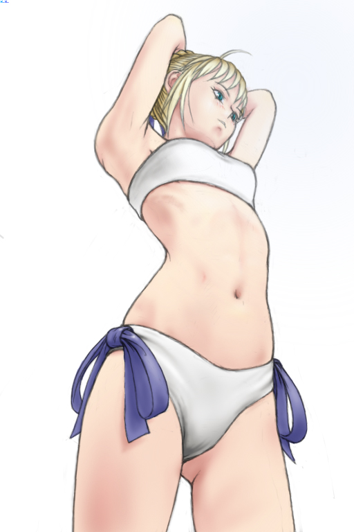 kx, artoria pendragon (fate), saber (fate), fate/stay night, fate (series), 00s, armpits, bikini, blonde hair, from below, navel, official alternate costume, solo, swimsuit, white bikini