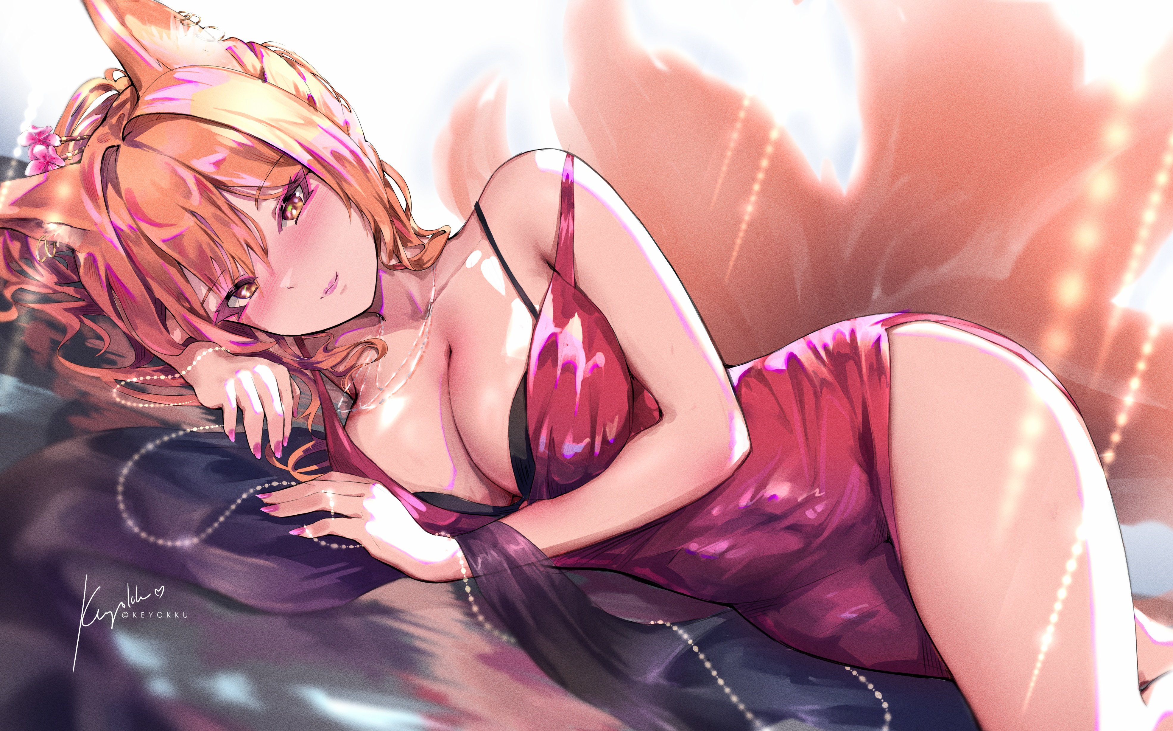 keyokku, tomo (aaron ho), original, absurdres, commentary, commission, english commentary, highres, 1girl, animal ear fluff, animal ears, artist name, bare arms, black bra, bra, breasts, cleavage, closed mouth, cowboy shot, double-parted bangs, dress, eyeliner, fingernails, fox ears, fox girl, fox tail, hair between eyes, kitsune, large breasts, lipstick, long hair, looking at viewer, lying, makeup, multiple tails, nail polish, on side, orange eyes, orange hair, pink eyeliner, pink lips, pink nails, red dress, side slit, signature, sleeveless, sleeveless dress, smile, solo, strap slip, tail, underwear
