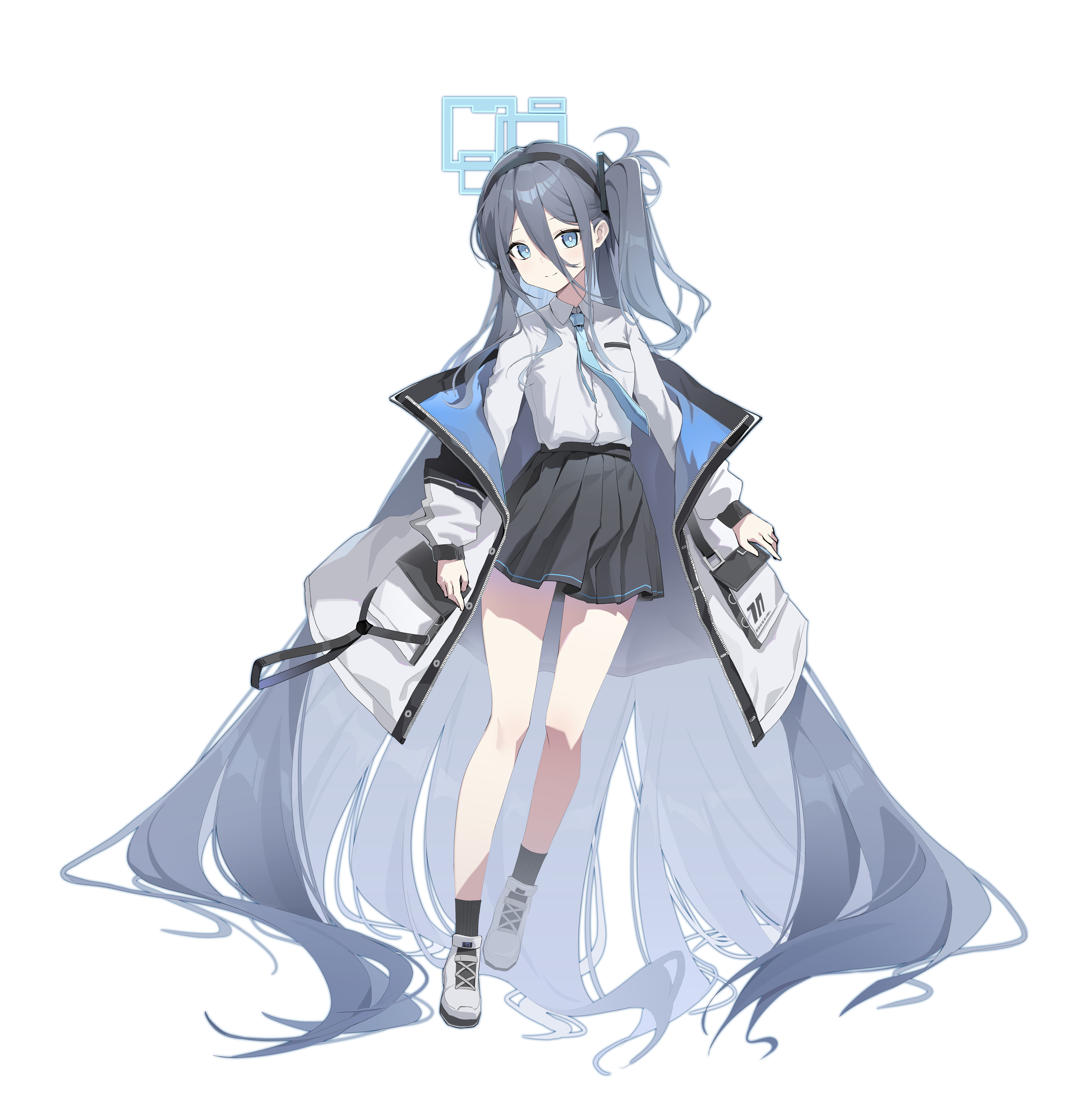 1635919987, aris (blue archive), blue archive, absurdres, highres, 1girl, absurdly long hair, aqua eyes, aqua halo, aqua necktie, black hairband, black skirt, black socks, blue jacket, breasts, bright pupils, buttons, closed mouth, collared shirt, double-parted bangs, full body, grey hair, hair between eyes, hairband, halo, jacket, long bangs, long hair, long hair between eyes, long sleeves, looking at viewer, multicolored jacket, necktie, off shoulder, one side up, open clothes, open jacket, pleated skirt, puffy long sleeves, puffy sleeves, rectangular halo, ringed eyes, school uniform, shirt, shirt tucked in, shoes, simple background, skirt, small breasts, smile, socks, solo, tie clip, two-sided fabric, two-sided jacket, unzipped, very long hair, white background, white jacket, white pupils, white shirt, white shoes, zipper