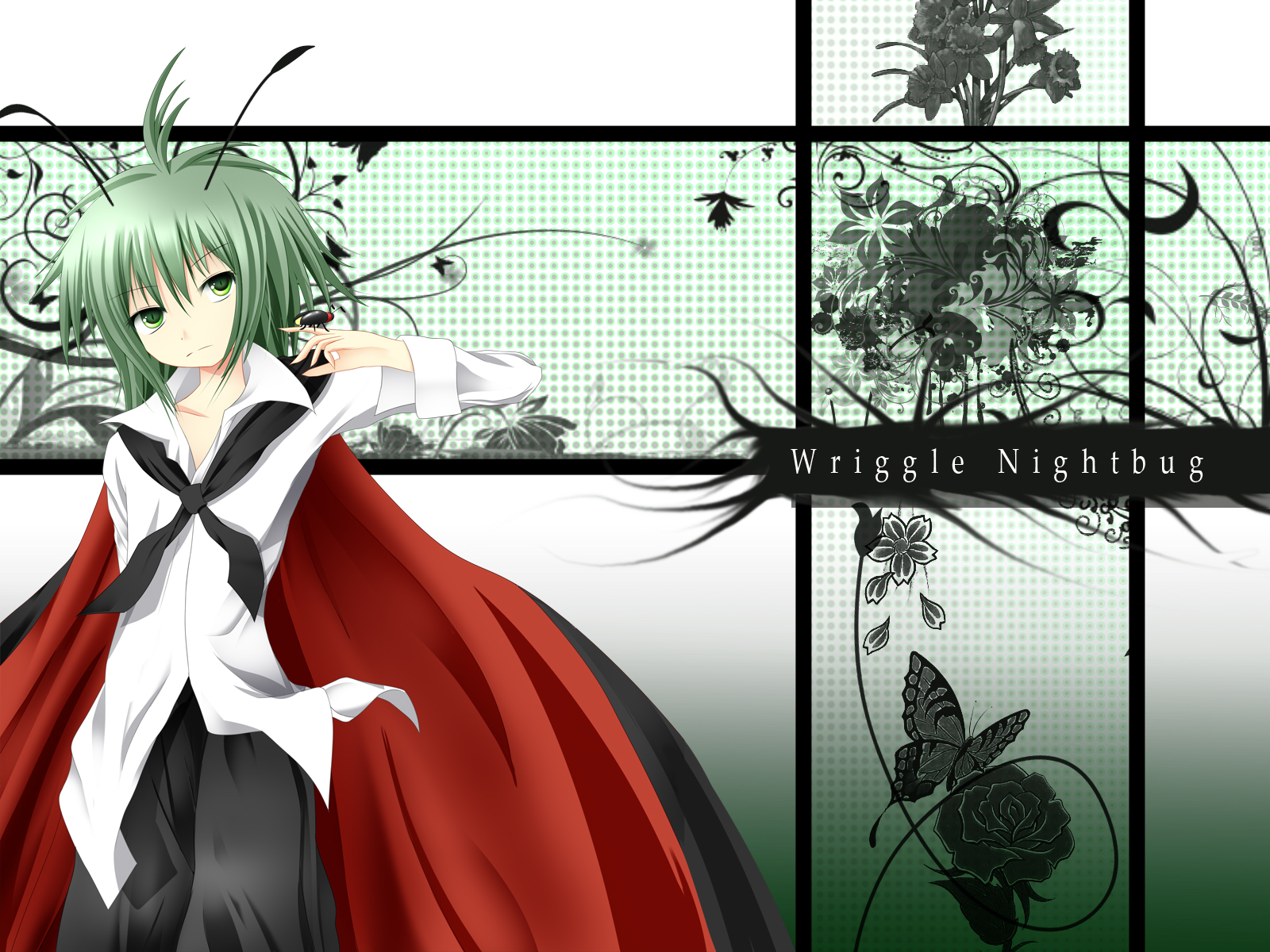 rivelta, wriggle nightbug, touhou, bad id, bad pixiv id, highres, 1girl, antennae, cape, female focus, flower, gradient background, green eyes, green hair, matching hair/eyes, plant, short hair, solo, white background
