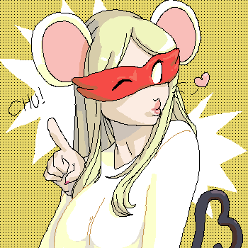 ms. mowz, mario (series), nintendo, paper mario, paper mario: the thousand-year door, super mario rpg, lowres, 1girl, animal ears, blonde hair, bodysuit, breasts, female focus, heart, large breasts, long hair, mask, mouse ears, oekaki, one eye closed, personification, solo, wink