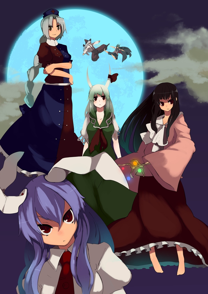 fuurin (omaemona), ex-keine, fujiwara no mokou, houraisan kaguya, kamishirasawa keine, reisen udongein inaba, wriggle nightbug, yagokoro eirin, imperishable night, touhou, bad id, bad pixiv id, 6+girls, animal ears, branch, crossed arms, expressionless, female focus, full moon, hat, long hair, looking at viewer, moon, multiple girls, nurse cap, rabbit ears, smoke, very long hair