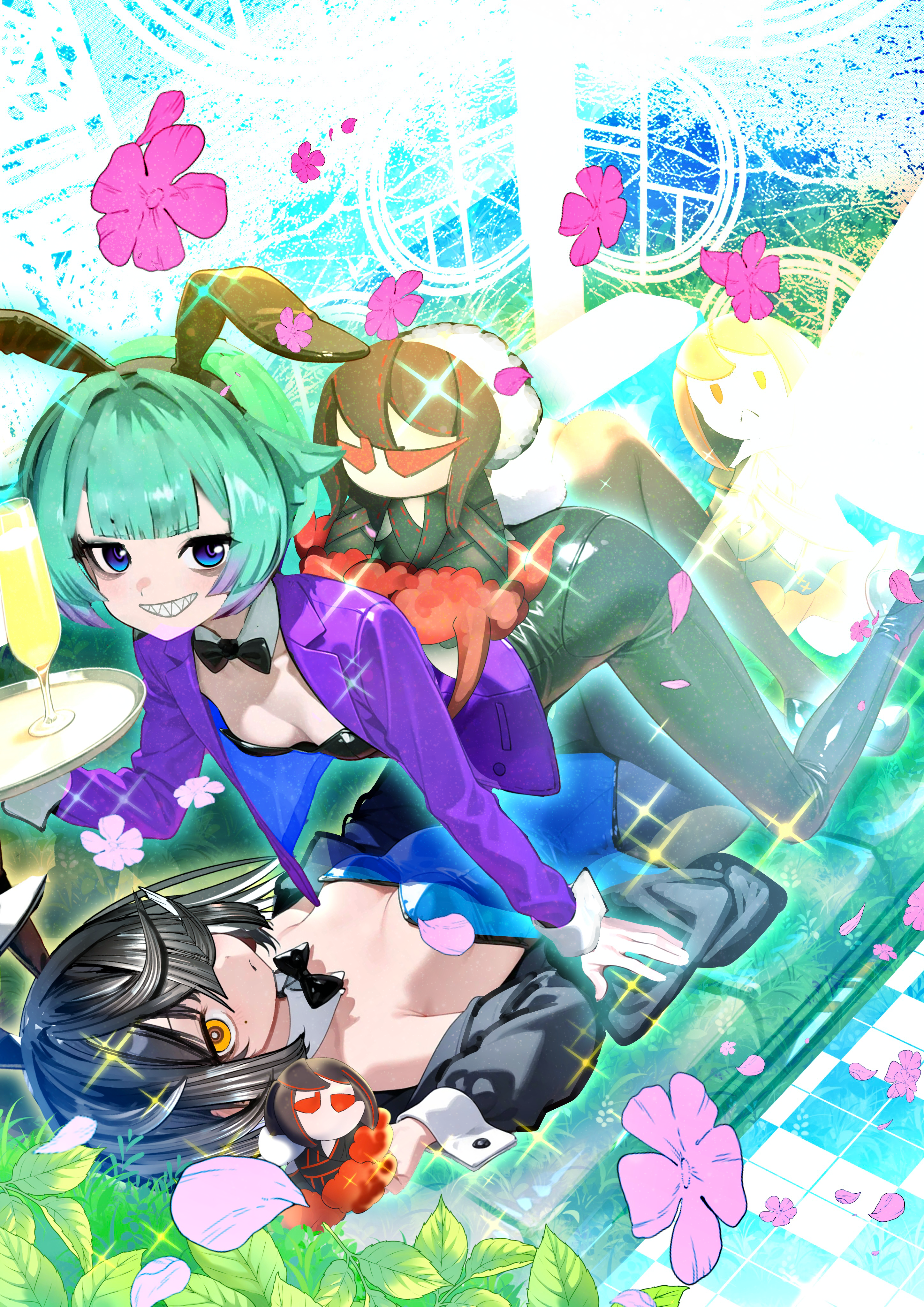 kitsunebi44410, locusta (fate), xu fu (fate), fate/grand order, fate (series), absurdres, highres, 2girls, all fours, animal ears, bare shoulders, black hair, black jacket, black leotard, black pantyhose, blue leotard, bow, bowtie, breasts, brown eyes, brown pantyhose, cup, detached collar, drinking glass, fake animal ears, flower, green hair, grin, hair over one eye, jacket, lady yu doll, leotard, long sleeves, looking at viewer, lying, mole, mole under eye, multicolored hair, multiple girls, off shoulder, on back, pantyhose, playboy bunny, purple eyes, purple hair, purple jacket, rabbit ears, rabbit tail, sharp teeth, short hair, small breasts, smile, tail, teeth, tray, two-tone hair