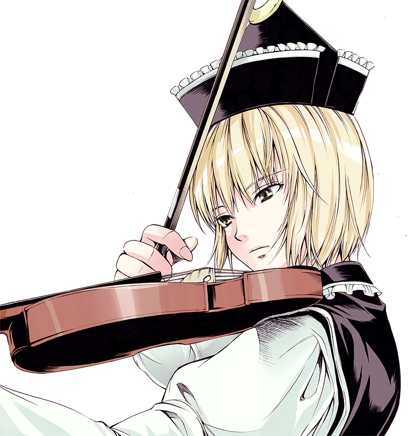 kyuu umi, lunasa prismriver, touhou, bad id, bad pixiv id, 1girl, blonde hair, bow (music), crescent, female focus, fingernails, hat, instrument, shirt, short hair, simple background, solo, staring, vest, violin, white background, yellow eyes