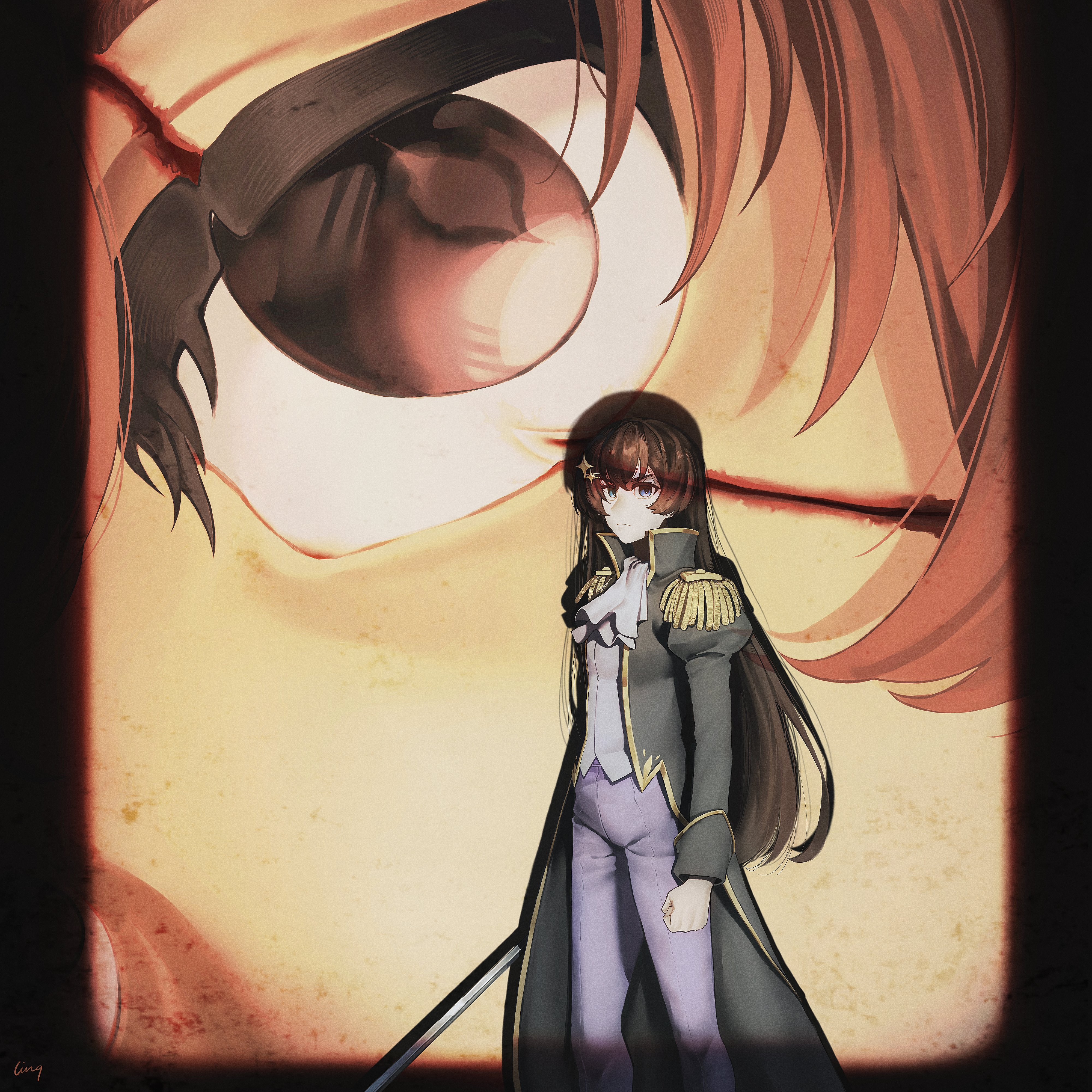 ling (chaaaaanhikari), aijou karen, kagura hikari, shoujo kageki revue starlight, absurdres, commentary, english commentary, highres, 2girls, arms at sides, artist name, ascot, black coat, black hair, blue eyes, brown eyes, brown hair, clenched hand, closed mouth, coat, crossed bangs, epaulettes, feet out of frame, hair ornament, hairclip, high collar, holding, holding sword, holding weapon, juliet sleeves, long coat, long hair, long sleeves, looking at viewer, multiple girls, official alternate costume, open clothes, open coat, pants, projected inset, projector screen, puffy sleeves, purple pants, scar, scar across eye, scar on face, shadow, shirt, sparkle hair ornament, standing, sword, v-shaped eyebrows, very long hair, weapon, white ascot, white shirt