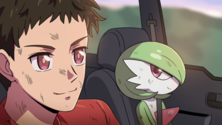 jazz jack, gardevoir, yuugo (pokemon), nintendo, pokemon, pokemon (anime), poketoon, derivative work, screenshot redraw, 1boy, 1girl, anime coloring, bob cut, brown hair, car interior, closed mouth, colored skin, flat chest, gen 3 pokemon, green hair, green skin, hair over one eye, happy, looking afar, looking at another, looking to the side, multicolored skin, one eye covered, pokemon (creature), red eyes, red shirt, scratches, seatbelt, shirt, short hair, sitting, smile, split mouth, two-tone skin, upper body, white skin