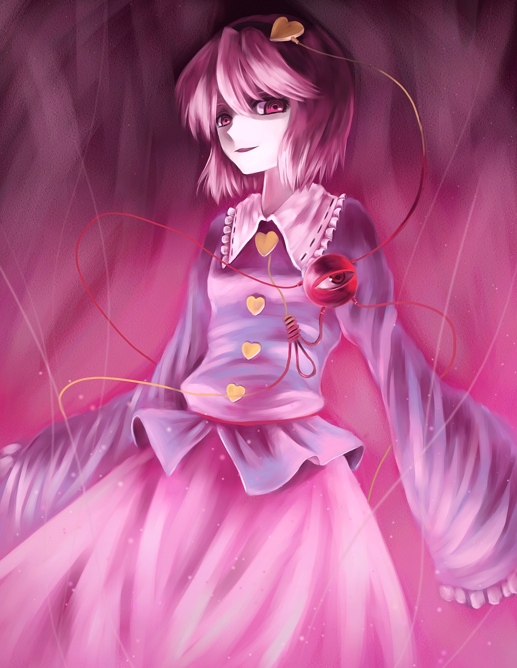 parsley-f, komeiji satori, touhou, bad id, bad pixiv id, highres, 1girl, eyeball, female focus, gradient background, heart, purple eyes, purple hair, short hair, solo, standing, third eye