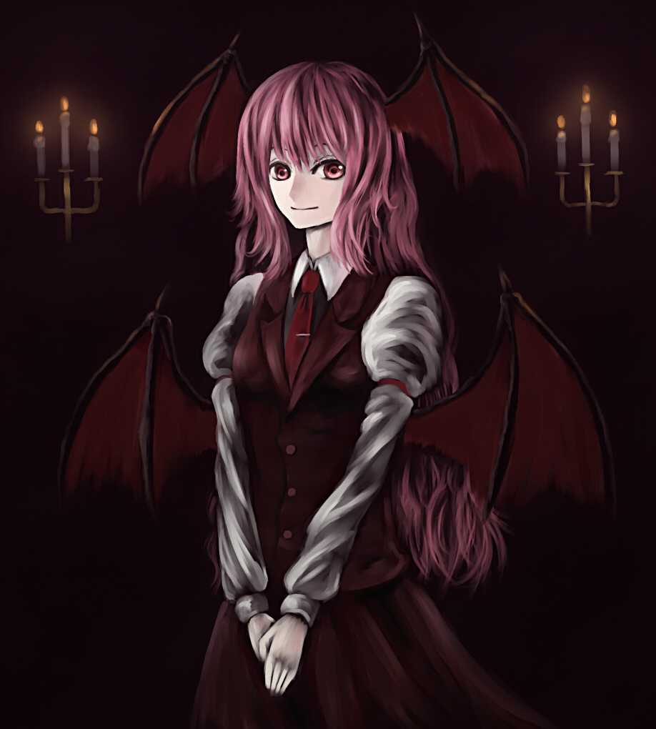 parsley-f, koakuma, embodiment of scarlet devil, touhou, bad id, bad pixiv id, 1girl, bat wings, dark, female focus, head wings, long hair, red eyes, red hair, simple background, solo, wings