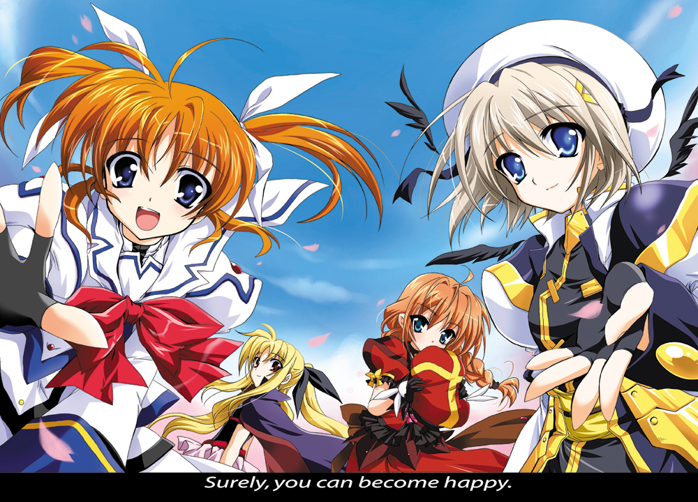 kanna (plum), fate testarossa, takamachi nanoha, vita (nanoha), yagami hayate, lyrical nanoha, mahou shoujo lyrical nanoha, mahou shoujo lyrical nanoha a's, uniform, 00s, 4girls, ahoge, beret, blonde hair, blue eyes, bow, braid, brown hair, cape, english text, fingerless gloves, floating hair, gloves, hair ornament, hat, long hair, long sleeves, looking at viewer, multiple girls, petals, puffy sleeves, reaching, red eyes, red hair, ribbon, shy, smile, twin braids, twintails, very long hair, wind