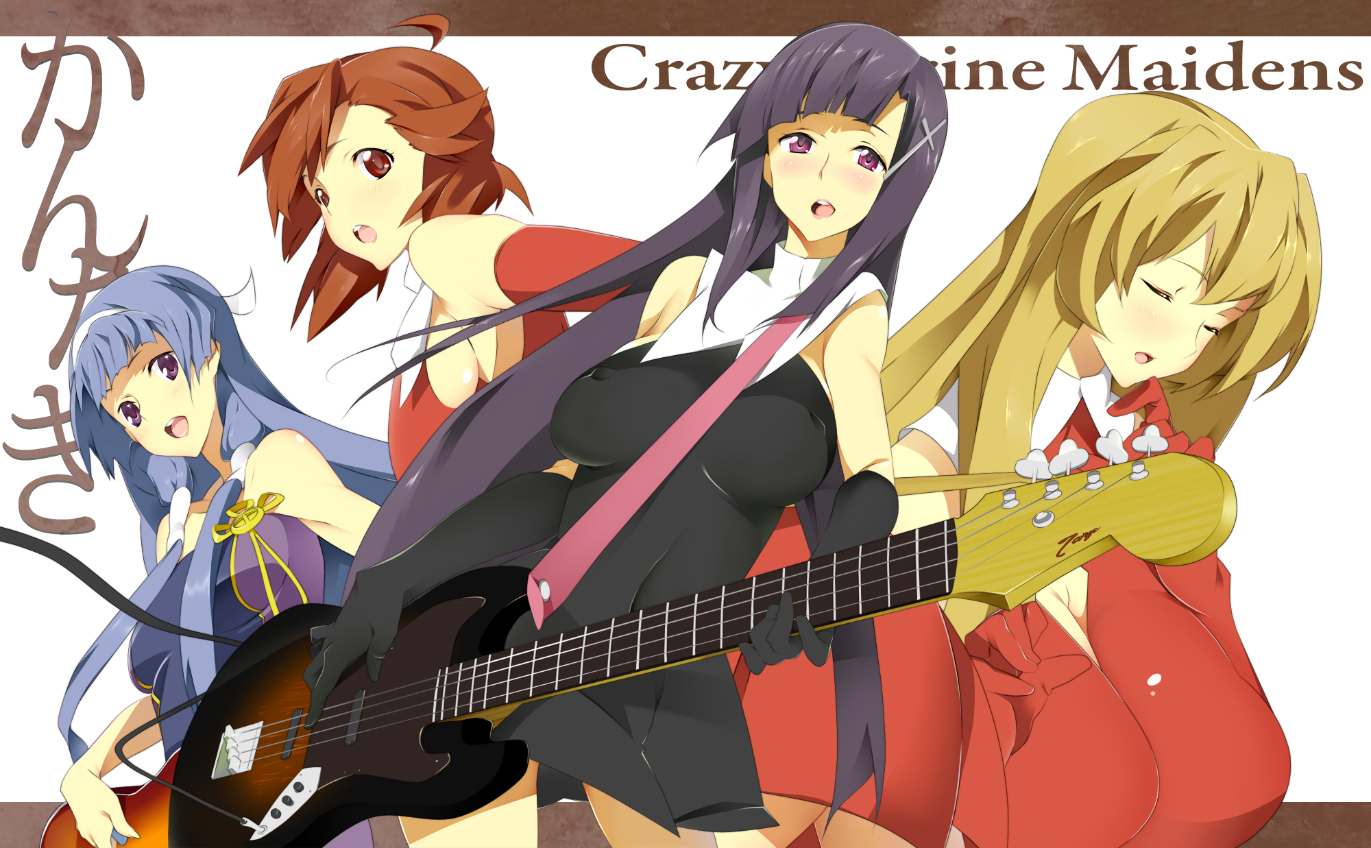 nanao (mahaya), aoba tsugumi, nagi, ookouchi shino, zange, kannagi, bad id, bad pixiv id, highres, 00s, 4girls, bass guitar, between breasts, blonde hair, blue hair, blush, breasts, brown eyes, brown hair, guitar, hairband, huge breasts, instrument, large breasts, long hair, multiple girls, purple eyes, purple hair, short hair, siblings, sisters, strap between breasts