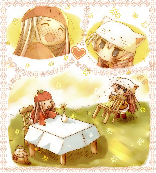 wada kenichi, megurine luka, megurine luka (toeto), toeto (vocaloid), vocaloid, animal hat, cat hat, flower, hat, heart, smile, table, tomato