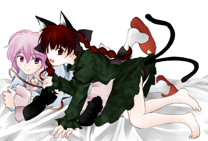 sunaya yanokura, sunaya yanokura (pixiv), kaenbyou rin, komeiji satori, touhou, bad id, bad pixiv id, 2girls, animal ears, barefoot, black panties, braid, cat ears, cat girl, cat tail, dress, female focus, hair ribbon, multiple girls, panties, purple eyes, purple hair, red eyes, red hair, ribbon, short hair, slippers, tail, twin braids, twintails, underwear, white background
