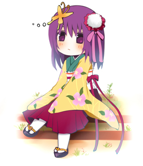 jing hu, kiyoshi mizuumi +, hieda no akyuu, touhou, bad id, bad pixiv id, lowres, 1girl, bug, butterfly, chibi, clog sandals, female focus, floral print, floral print kimono, flower, insect, japanese clothes, kimono, okobo, platform sandals, print kimono, purple eyes, purple hair, sandals, short hair, solo