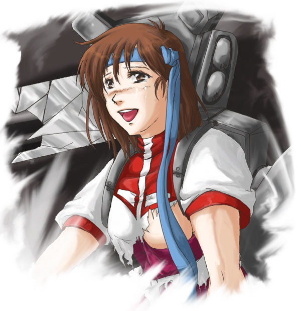 ryonryon, takaya noriko, top wo nerae!, top wo nerae! (series), blush, brown eyes, brown hair, censored, cockpit, convenient censoring, headband, mecha, robot, smile, solo, tears, torn clothes