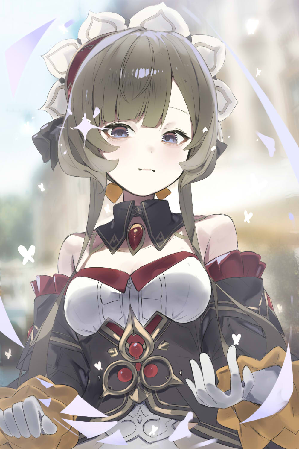 ememo, sandrone (genshin impact), genshin impact, highres, 1girl, blue eyes, breasts, brown hair, closed mouth, collarbone, detached collar, detached sleeves, dress, gem, gloves, hair ornament, long hair, long sleeves, looking at viewer, medium breasts, red gemstone, solo, strapless, strapless dress, upper body, white dress, white gloves