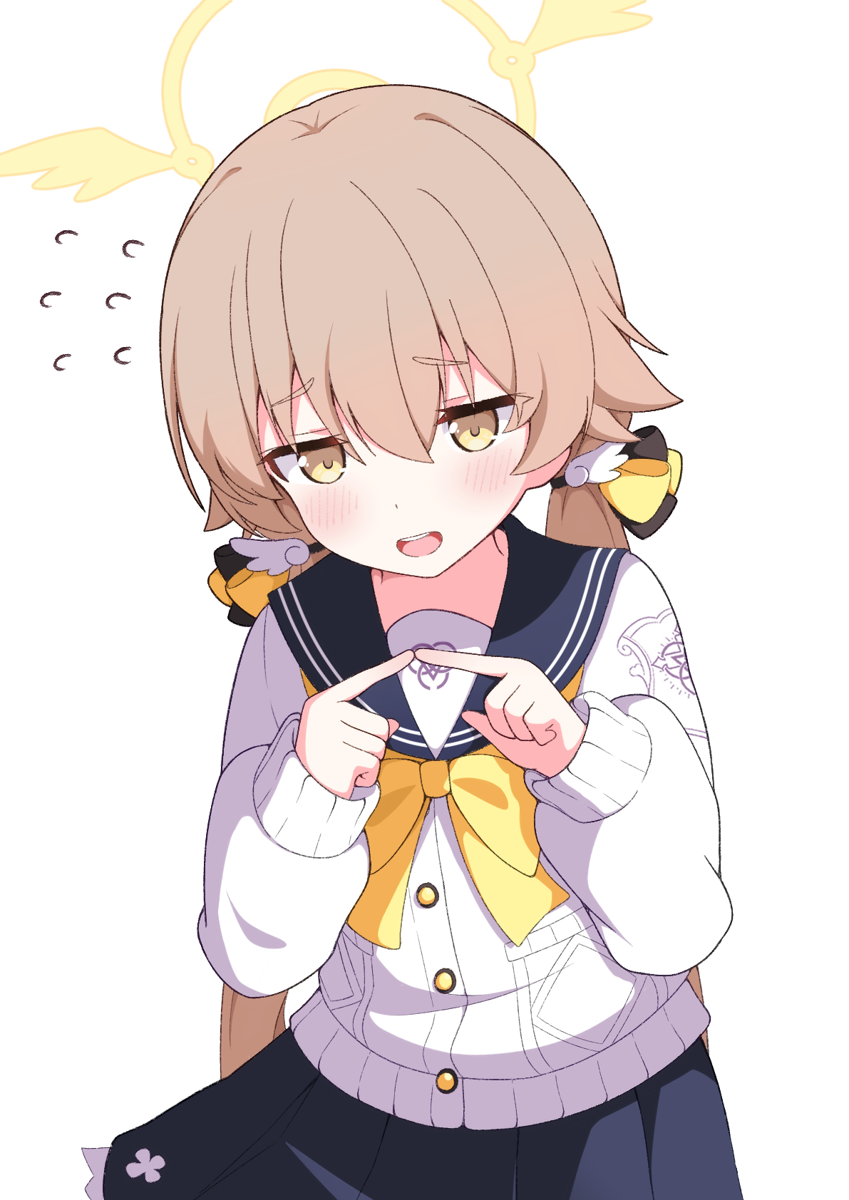 zundamochi (sera), hifumi (blue archive), blue archive, commentary, highres, 1girl, black bow, black sailor collar, black skirt, blush, bow, bowtie, brown hair, fidgeting, flying sweatdrops, frilled skirt, frills, furrowed brow, hair between eyes, hair bow, hair ornament, halo, hands up, index fingers together, long hair, looking at viewer, low twintails, miniskirt, open mouth, pleated skirt, sailor collar, school uniform, serafuku, shy, simple background, skirt, sleeves past wrists, solo, sweater, teeth, twintails, upper teeth only, very long hair, white background, white sweater, wing hair ornament, winged halo, yellow bow, yellow bowtie, yellow eyes, yellow halo