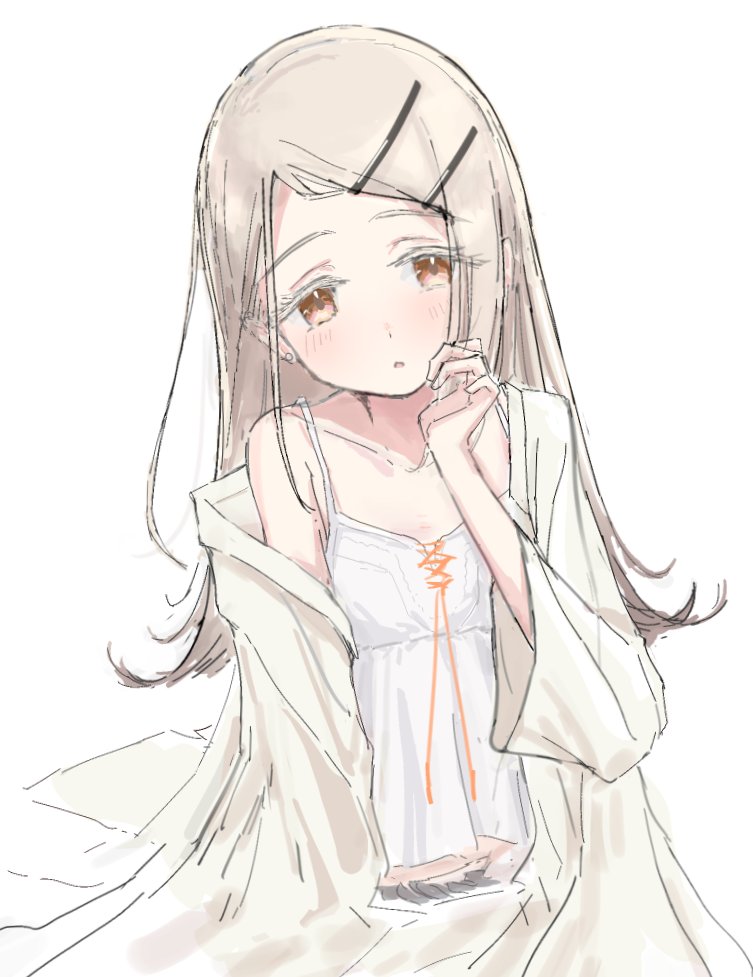 ozawa 0v0, shinosawa hiro, gakuen idolmaster, idolmaster, hashtag-only commentary, 1girl, belt, black belt, blonde hair, blush, camisole, collarbone, colored eyelashes, earrings, flat chest, flipped hair, gradient hair, grey hair, hair ornament, hairclip, hand on own face, hand up, jewelry, long hair, long sleeves, looking at viewer, midriff peek, multicolored hair, orange eyes, orange ribbon, parallel hairclips, parted bangs, ribbon, robe, rope belt, simple background, single off shoulder, solo, stud earrings, upper body, white background, white camisole, white robe, wide sleeves