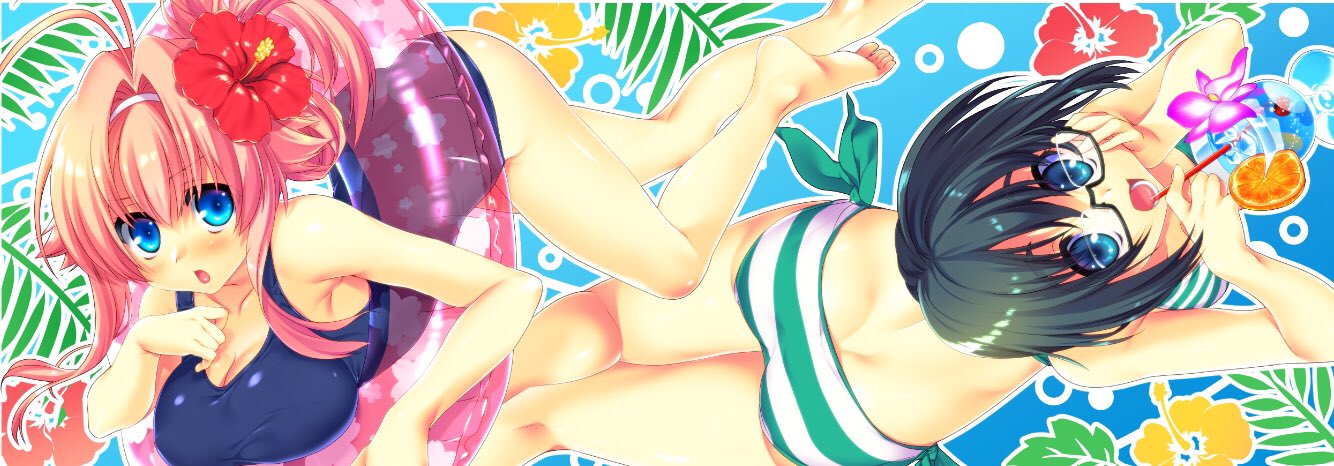 midori no ruupe, original, commentary request, 2girls, :o, ass, barefoot, bikini, black hair, blue eyes, blue one-piece swimsuit, blush, breasts, cleavage, collarbone, cup, drink, drinking glass, drinking straw, drinking straw in mouth, elbow rest, embarrassed, feet out of frame, flower, folded ponytail, foot out of frame, from above, glasses, hair between eyes, hair flower, hair ornament, hand on own cheek, hand on own chest, hand on own face, head rest, hibiscus, holding, holding swim ring, innertube, large breasts, long sidelocks, looking at viewer, lying, multiple girls, on innertube, on side, on stomach, one-piece swimsuit, open mouth, palm tree, pink hair, red flower, school swimsuit, short hair, side-tie bikini bottom, sidelocks, smile, striped bikini, striped clothes, swim ring, swimsuit, tree, tropical drink