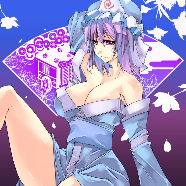 toono yayoi, saigyouji yuyuko, touhou, bad id, bad pixiv id, 1girl, breasts, cleavage, dress, female focus, gradient background, hat, large breasts, purple eyes, purple hair, solo