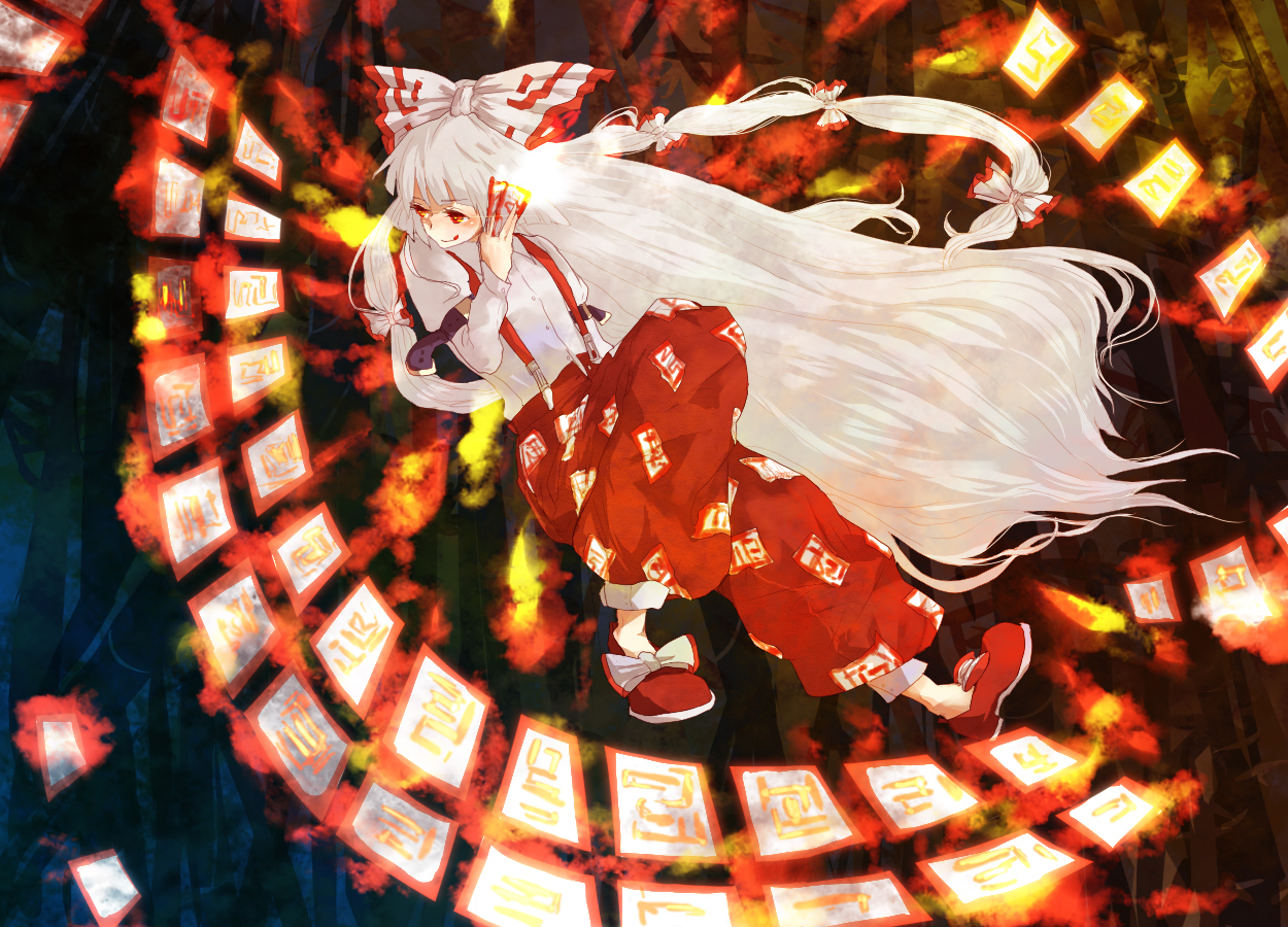 chiri (o9o9), fujiwara no mokou, touhou, bad id, bad pixiv id, 1girl, :q, danmaku, female focus, full body, hair ribbon, long hair, ofuda, red eyes, ribbon, solo, suspenders, tongue, tongue out, very long hair, white hair