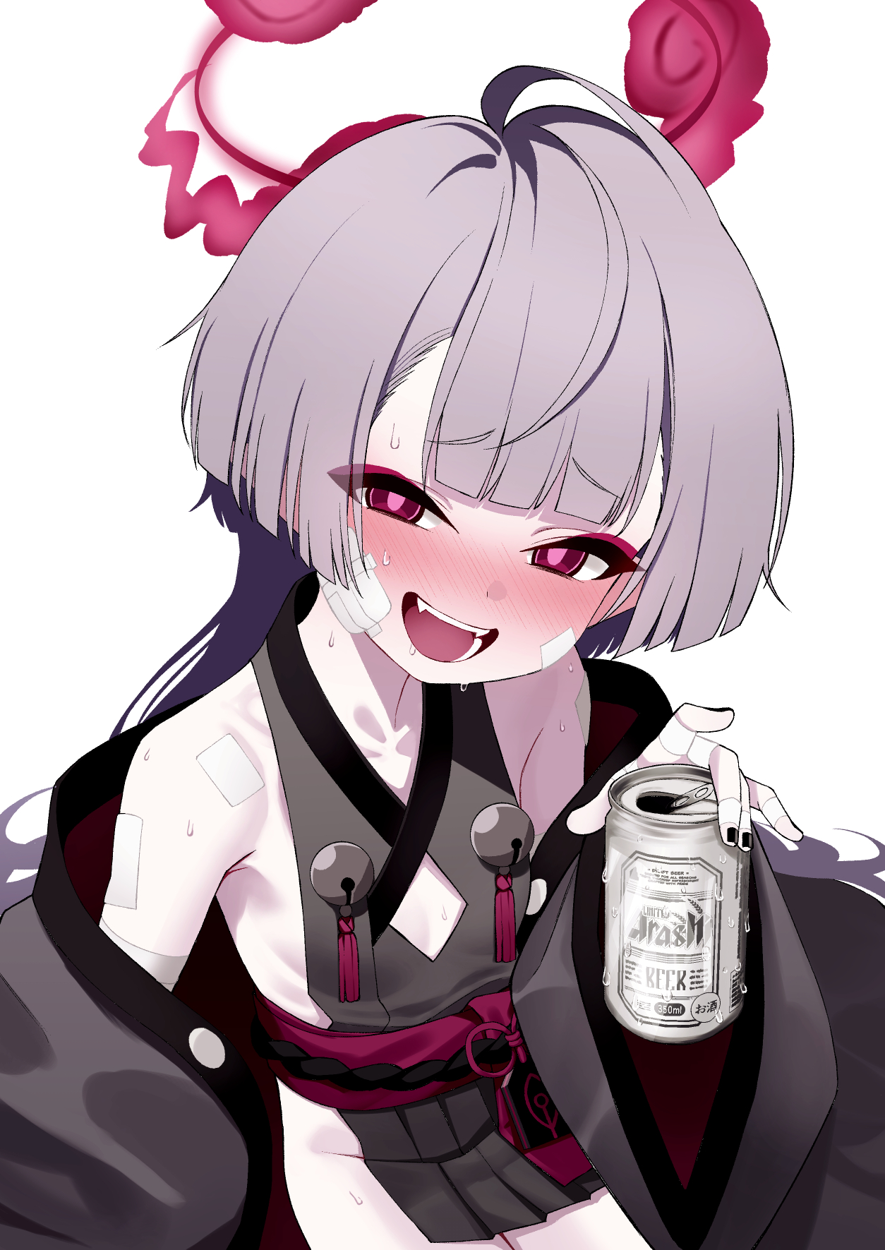 odaneru apart, shuro (blue archive), blue archive, commentary request, highres, 1girl, :d, bare shoulders, bell, black nails, blush, can, drink can, drunk, fang, gauze, gauze on cheek, grey hair, halo, holding, holding can, japanese clothes, jingle bell, long hair, looking at viewer, obi, open mouth, red eyes, red halo, sash, sideless kimono, simple background, smile, solo, white background