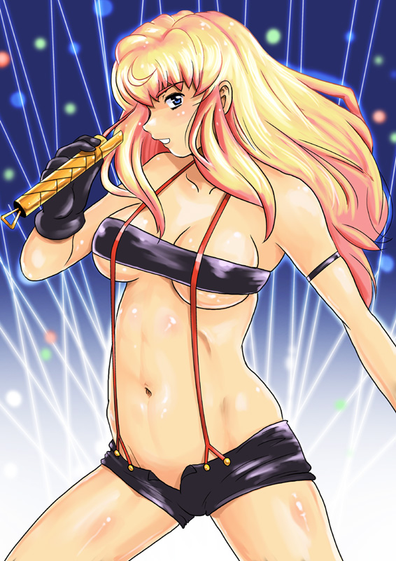shu-z, sheryl nome, macross, macross frontier, 00s, 1girl, bandeau, blonde hair, blue eyes, breasts, female focus, microphone, shiny skin, short shorts, shorts, solo, strapless, suspenders, tube top, underboob