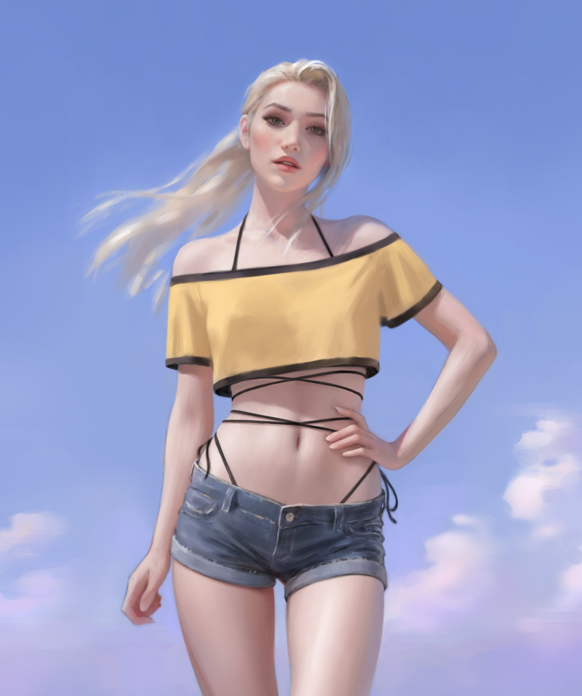fivegarret, original, absurdres, commentary, english commentary, highres, 1girl, bikini, bikini under clothes, blue shorts, blue sky, cloud, cloudy sky, cowboy shot, criss-cross straps, cropped shirt, denim, denim shorts, hand on own hip, long hair, looking at viewer, midriff, navel, off-shoulder shirt, off shoulder, parted lips, shirt, short shorts, shorts, sky, solo, swimsuit, white hair, yellow shirt