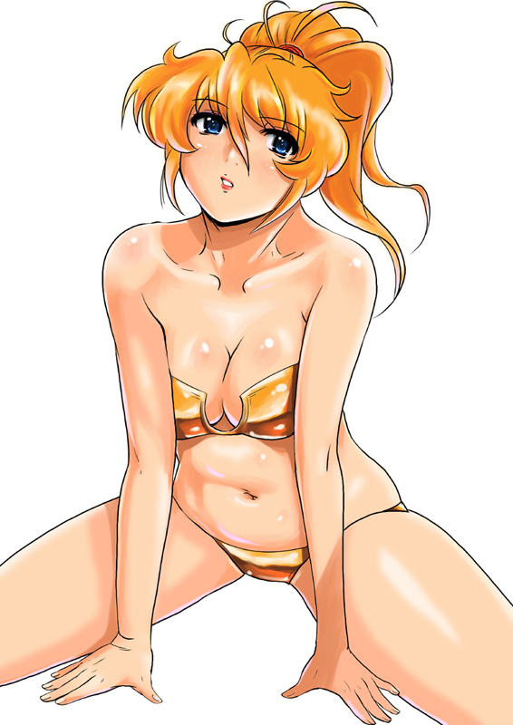 shu-z, excellen browning, banpresto, super robot wars, 1girl, bikini, blonde hair, blue eyes, breasts, cleavage, collarbone, curvy, female focus, large breasts, long hair, navel, orange bikini, ponytail, shiny skin, solo, spread legs, swimsuit