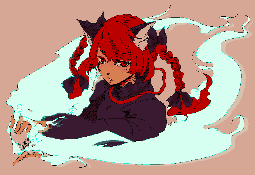 hikari-ko, hikarinoko, kaenbyou rin, touhou, bad id, bad pixiv id, 1girl, animal ears, braid, cat ears, cat girl, female focus, fire, oekaki, red eyes, red hair, skull, solo, twin braids