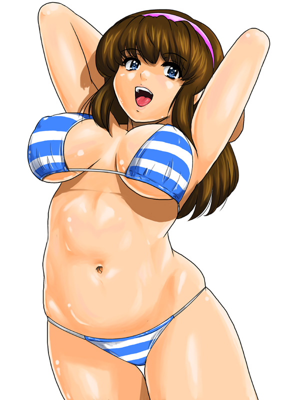 shu-z, hitomi (doa), dead or alive, tecmo, 1girl, bikini, blue bikini, blue eyes, breasts, female focus, hairband, large breasts, shiny skin, solo, swimsuit