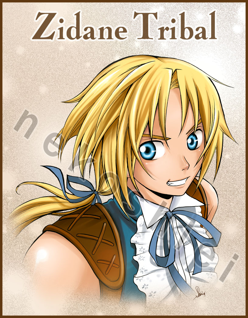 cs-zero, zidane tribal, dissidia final fantasy, final fantasy, final fantasy ix, 00s, 1boy, bare shoulders, belt, blonde hair, blue eyes, gloves, jewelry, male focus, sleeveless, smirk, solo, vest, watermark