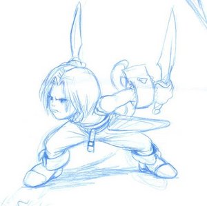 cs-zero, zidane tribal, dissidia final fantasy, final fantasy, final fantasy ix, lowres, 00s, 1boy, bare shoulders, belt, blonde hair, blue eyes, full body, gloves, jewelry, male focus, monochrome, sleeveless, smirk, solo, vest